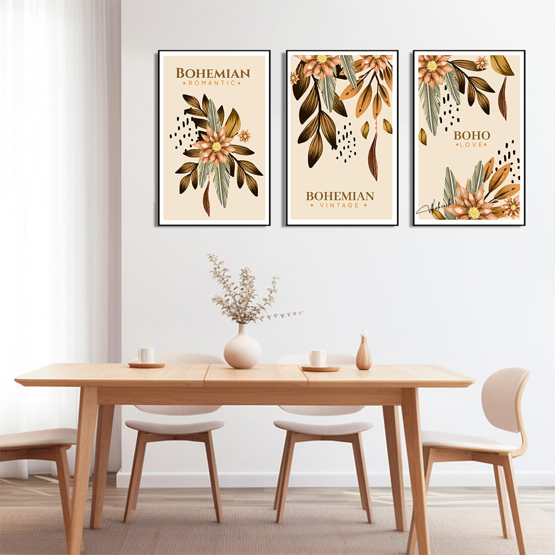 Bohemian Romance Black & White Wall Art – 3 Piece Botanical Collection